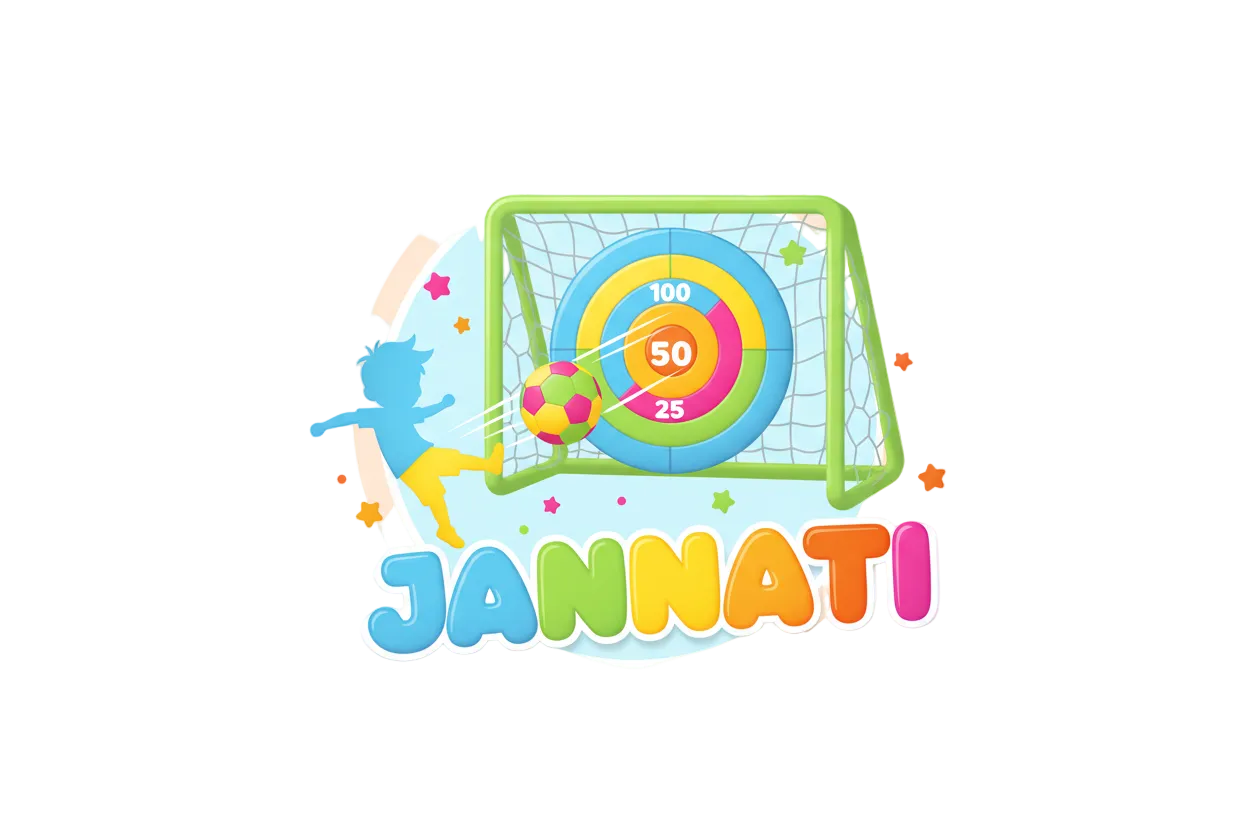 Crée un logo amusant et coloré pour une marque de jouets pour enfants nommée "JANNATI".
Le logo doit inclure une illustration stylisée d’un ballon de football coloré (style cartoon) et une cible ou un filet avec des zones de points, évoquant le tir au but.
Ajoute une silhouette d’enfant (fille ou garçon) en train de tirer dans le ballon avec énergie.
Le nom "JANNATI" doit être écrit dans une police ludique, ronde et lisible, évoquant la joie et la sécurité.
Palette de couleurs : bleu ciel, vert clai